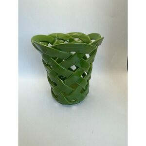 Primo'Gi Handmade Green Ceramic Woven Canister Vase Lattice Weave Made In Italy